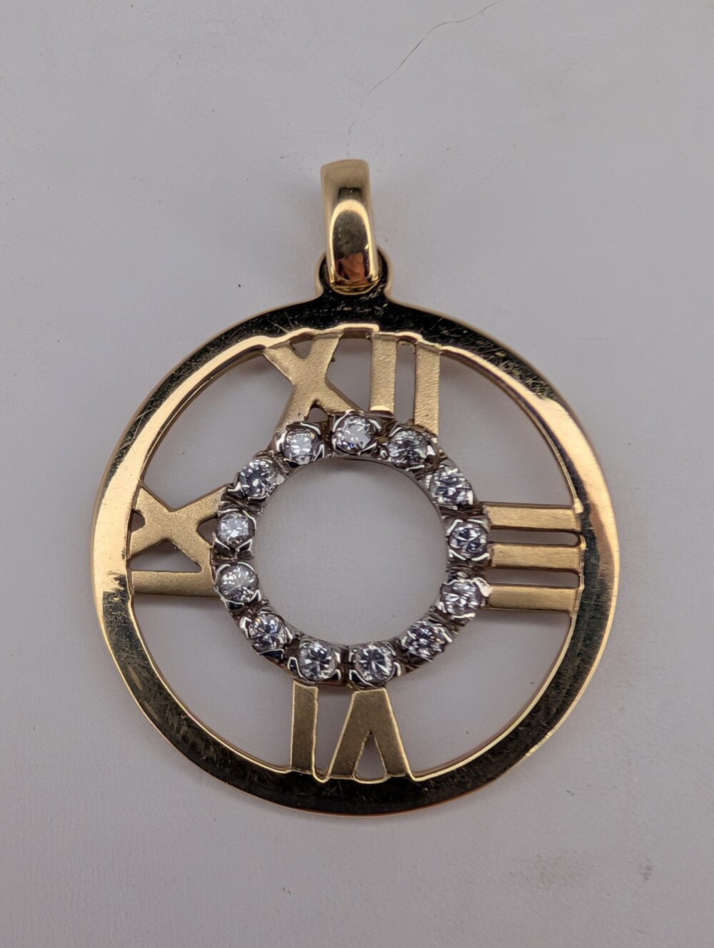14k Yellow Gold Roman Numeral Clock Pendant